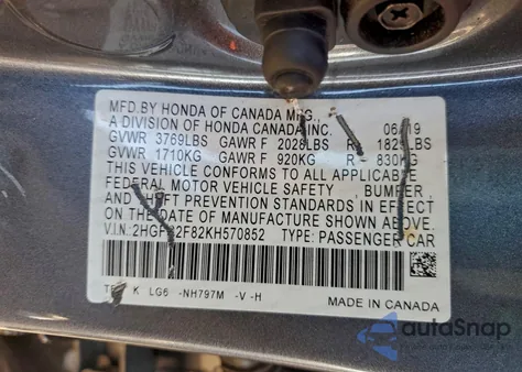 2019 Honda Civic Sport из США, поврежденный, VIN 2HGFC2F82KH570852